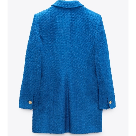 NWT Zara Chanel Style Blue Textured Tweed Long Blazer Coat - Picture 3 of 6